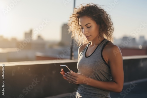 Young athletic Caucasian woman in sportswear using smartphone while training outdoors. Slender beautiful girl resting after jogging or workout in city street. Active lifestyle in urban environment.