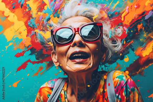Motivation and inspiration background. Senior woman wearing sunglasses on multicoloured abstract background. photo