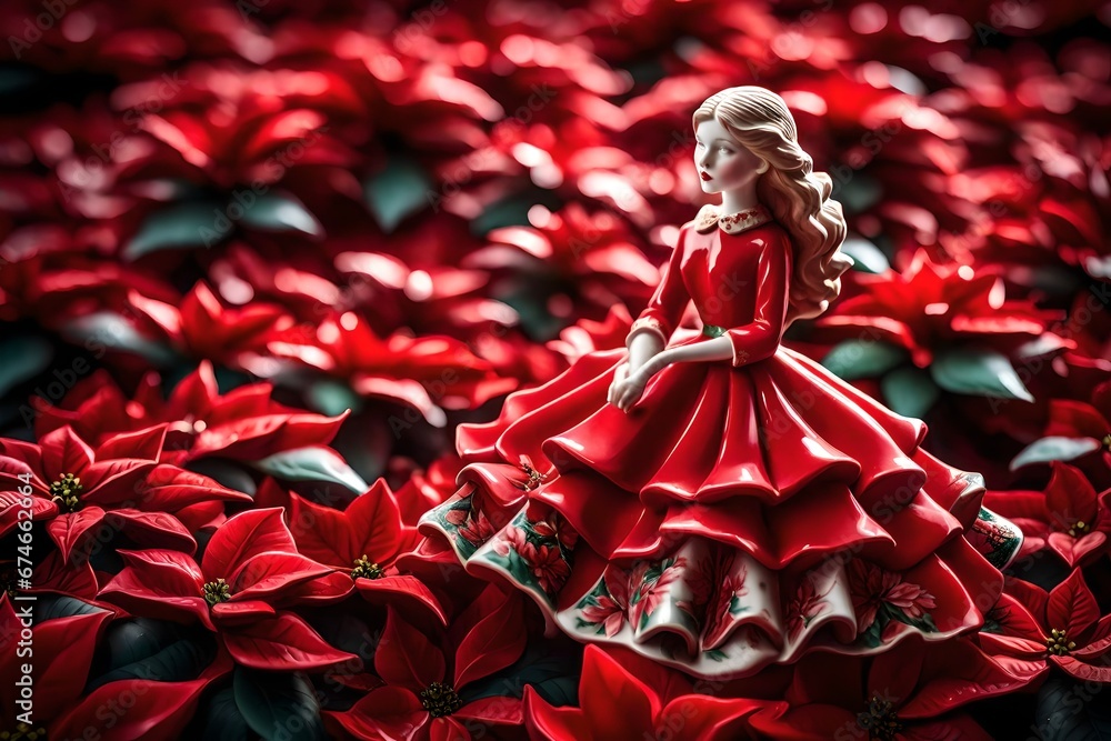 A close-up of a delicate porcelain girl figurine wearing a red dress, standing amidst a field of vibrant red poinsettias. The contrast between the porcelain and the vivid flowers creates a visually st