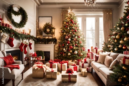 A beautifully decorated living room adorned with festive garlands, twinkling lights, and elegant ornaments. A towering Christmas tree stands in the corner, surrounded by a collection of carefully wrap