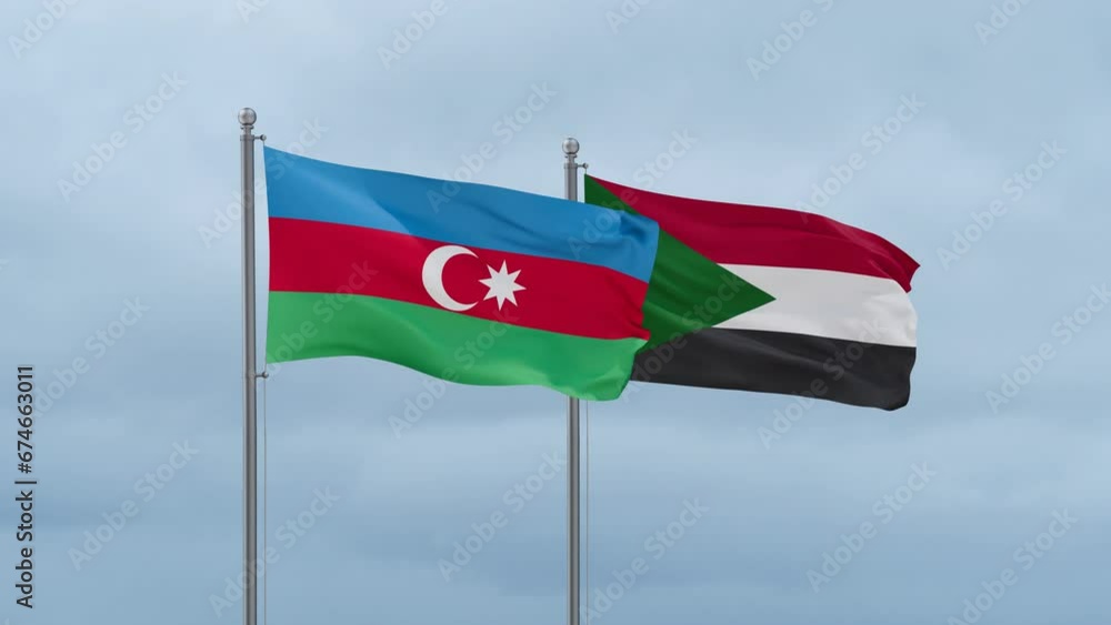 Sudan and Azerbaijan flag waving together on cloudy sky, endless seamless loop, two country cooperation concept Sudan and Azerbaijan flag waving together on cloudy sky, endless seamless loop, two country cooperation concept