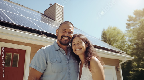 Happy hispanic married couple stands in an embrace in front of their new sustainable house with solar panels on the roof of building. photo