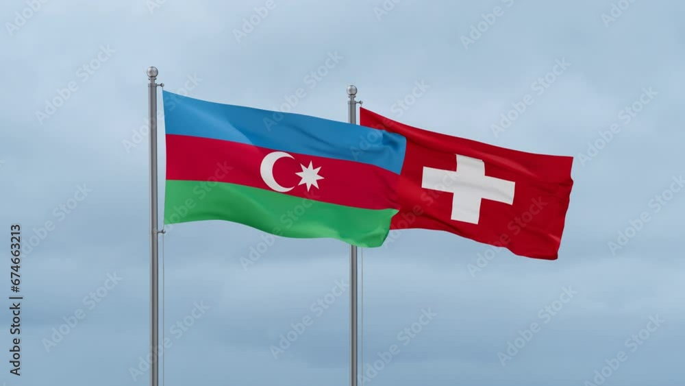 Switzerland and Azerbaijan flag waving together on cloudy sky, endless seamless loop, two country cooperation concept Switzerland and Azerbaijan flag waving together on cloudy sky, endless seamless loop, two country cooperation concept