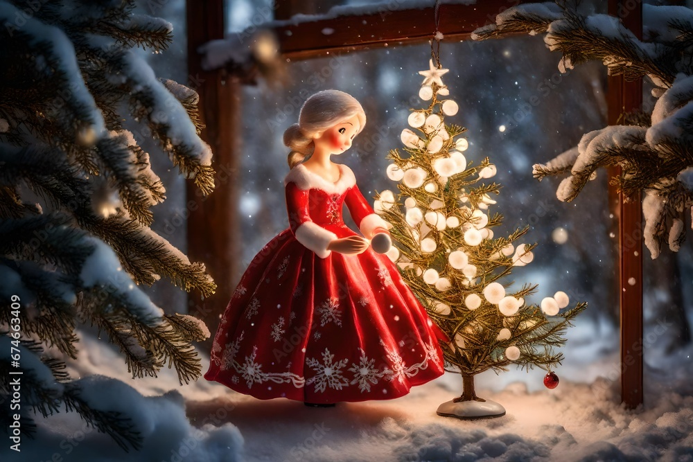 A beautifully decorated Christmas tree with ornaments and twinkling lights. At the base, a small porcelain girl figurine wearing a red dress holds a bouquet of delicate white flowers. Snow gently fall