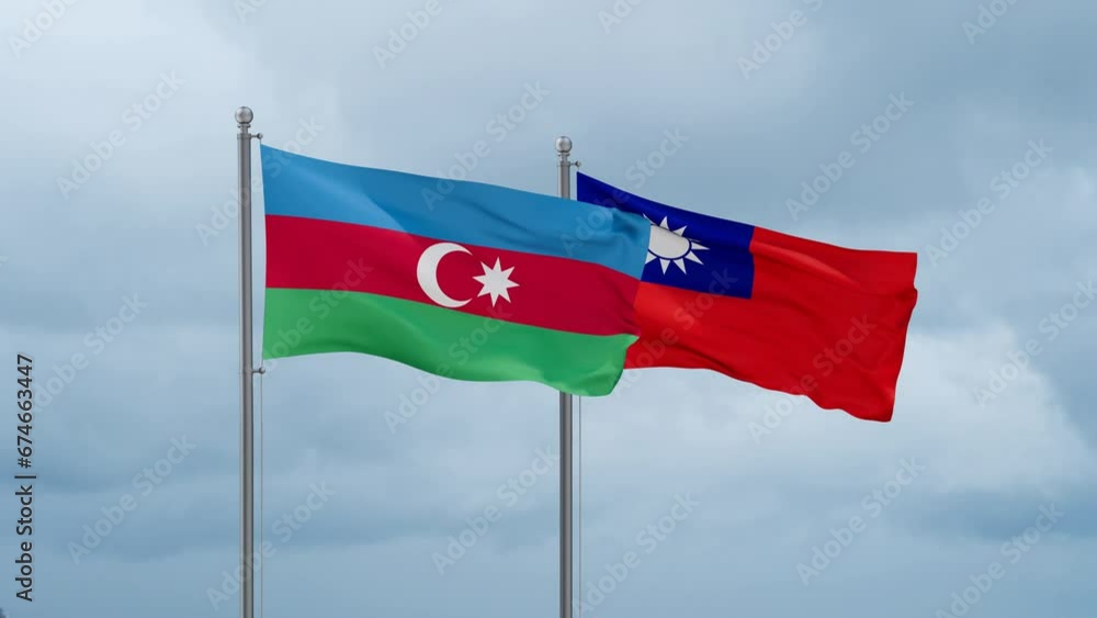 Taiwan and Azerbaijan flag waving together on cloudy sky, endless seamless loop, two country cooperation concept Taiwan and Azerbaijan flag waving together on cloudy sky, endless seamless loop, two country cooperation concept