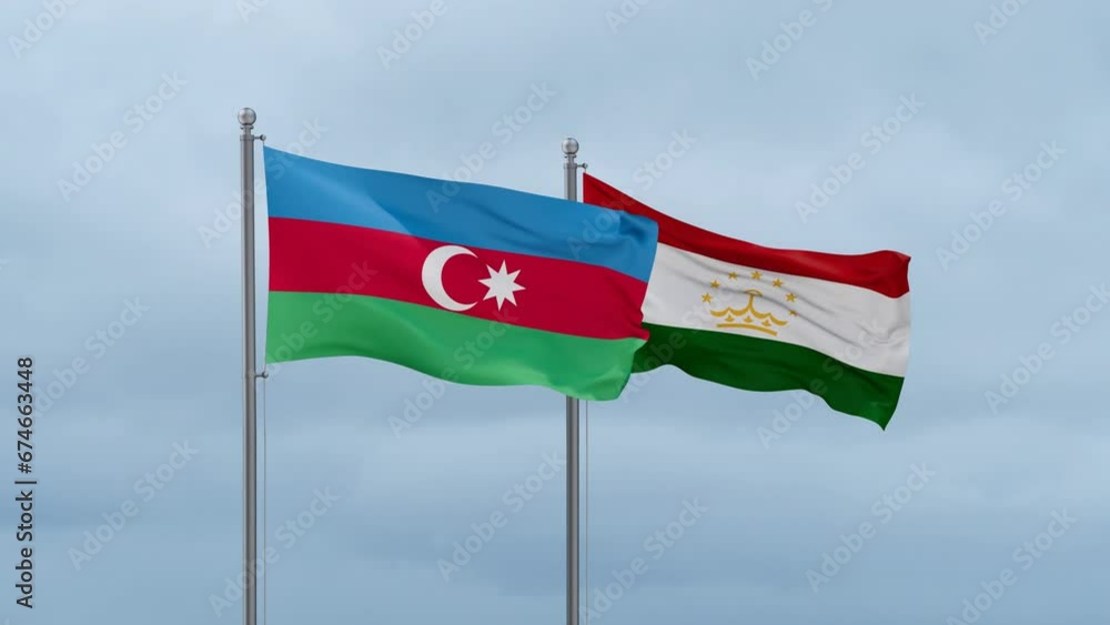 Tajikistan and Azerbaijan flag waving together on cloudy sky, endless seamless loop, two country cooperation concept Tajikistan and Azerbaijan flag waving together on cloudy sky, endless seamless loop, two country cooperation concept