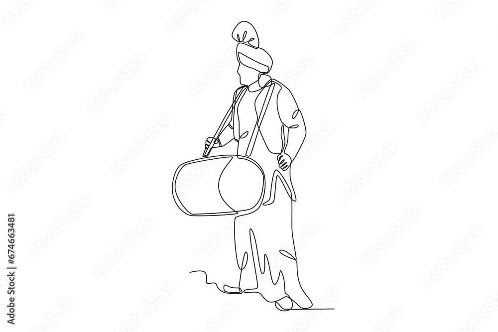 A man carrying a drum. Lohri one-line drawing