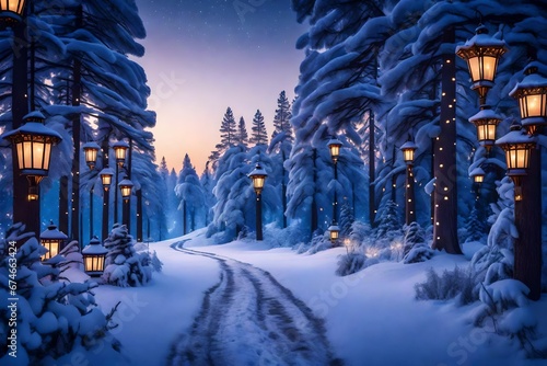 : An enchanting twilight landscape in a snow-covered forest, with tall pine trees adorned with twinkling fairy lights. The winter sky is filled with stars, and the scene is illuminated by the soft glo photo