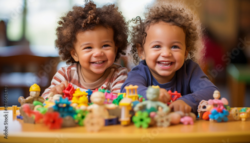 Two happy cute curly multiracial toddlers boy and girl laughing while playing with toys in kindergarten.