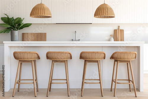 Wicker bar stools adorn a coastal kitchen with the warm tones of natural wood photo