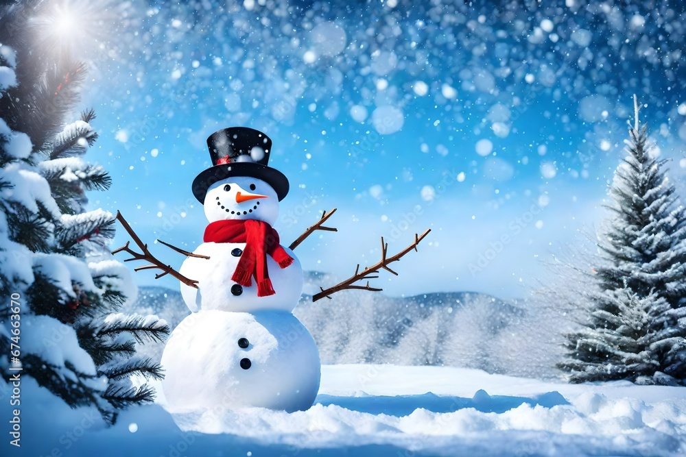 Merry christmas and happy new year greeting card with copy-space.Happy snowman standing in winter christmas landscape.Snow background 4k, 8k, 16k, full ultra hd, high resolution and cinematic photogra
