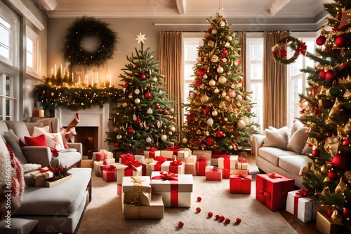  A beautifully decorated living room adorned with festive garlands, twinkling lights, and elegant ornaments. A towering Christmas tree stands in the corner, surrounded by a collection of carefully wra