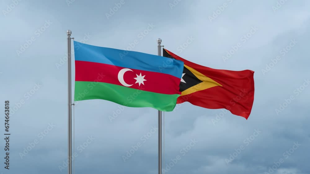 East Timor and Azerbaijan flag waving together on cloudy sky, endless seamless loop, two country cooperation concept East Timor and Azerbaijan flag waving together on cloudy sky, endless seamless loop, two country cooperation concept