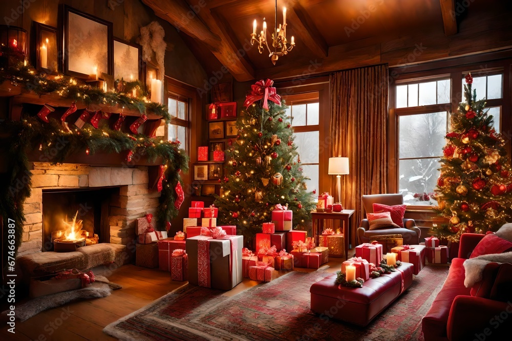  A cozy den with a crackling fireplace, decked out in festive decor. The room is filled with the warm glow of twinkling lights, and a collection of beautifully wrapped gifts and fresh flower arrangeme