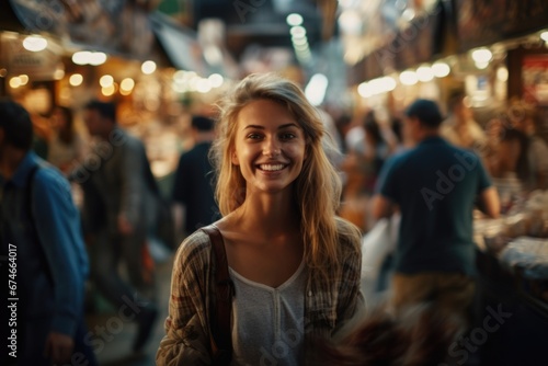 Photo of a beautiful young woman walking through a clothing store. Blur the movement of passing customers and the background