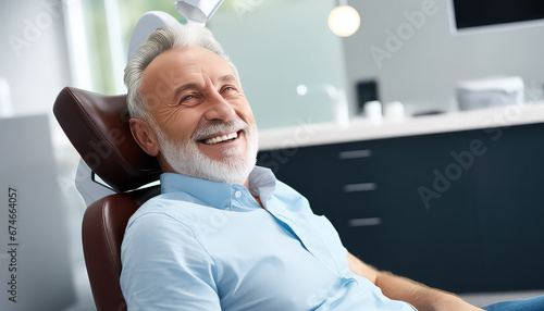 smiling older adult man is sitting in his dentist chair