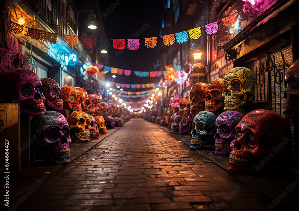 Decorations for Day of the Dead in Mexico: Sugar skulls and papel picado banners. AI