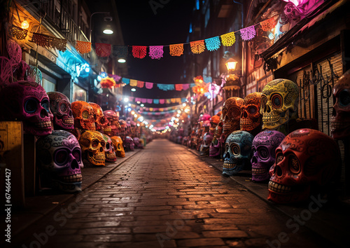 Decorations for Day of the Dead in Mexico: Sugar skulls and papel picado banners. AI © Julia