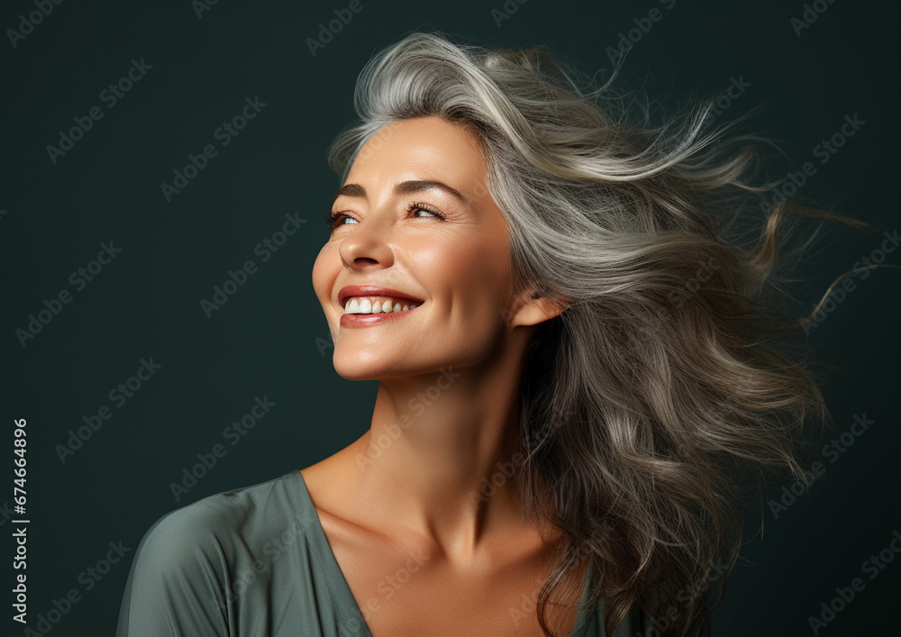 Smooth and Healthy Skin of a European Woman: Beauty and Cosmetics Advertisement. Beautiful aging young looking woman with gray hair and happy smiling Smooth and Healthy Skin of a European Woman: Beauty and Cosmetics Advertisement. Beautiful aging young looking woman with gray hair and happy smiling