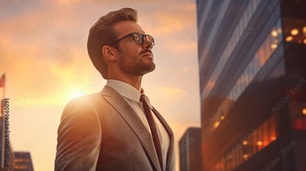 Business man standing outside on city street with sun over his shoulder. Business man standing outside on city street with sun over his shoulder.