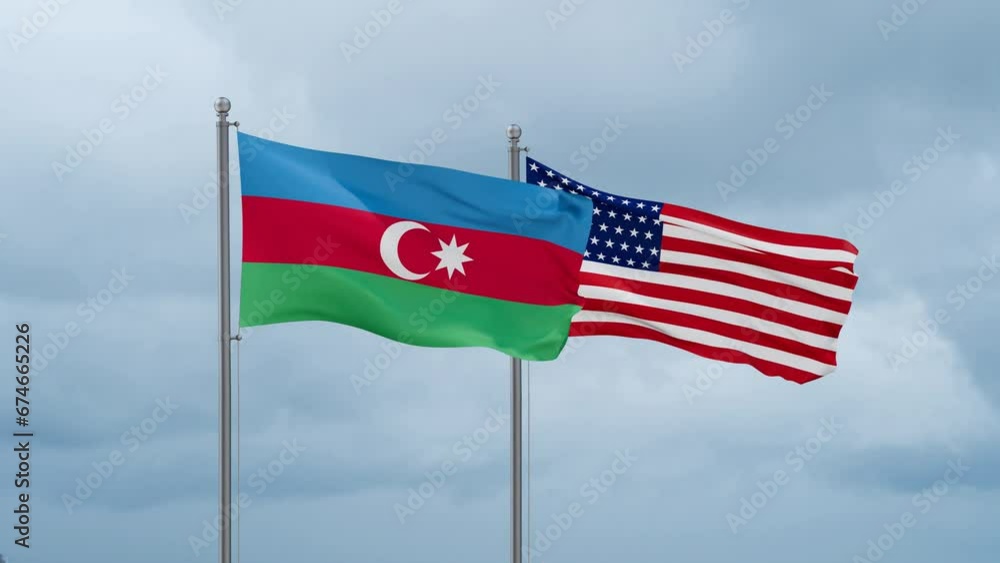 USA and Azerbaijan flag waving together on cloudy sky, endless seamless loop, two country cooperation concept USA and Azerbaijan flag waving together on cloudy sky, endless seamless loop, two country cooperation concept