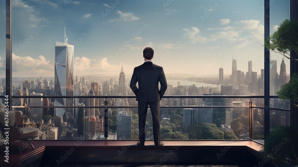 Businessman watching city from top of a building Businessman watching city from top of a building