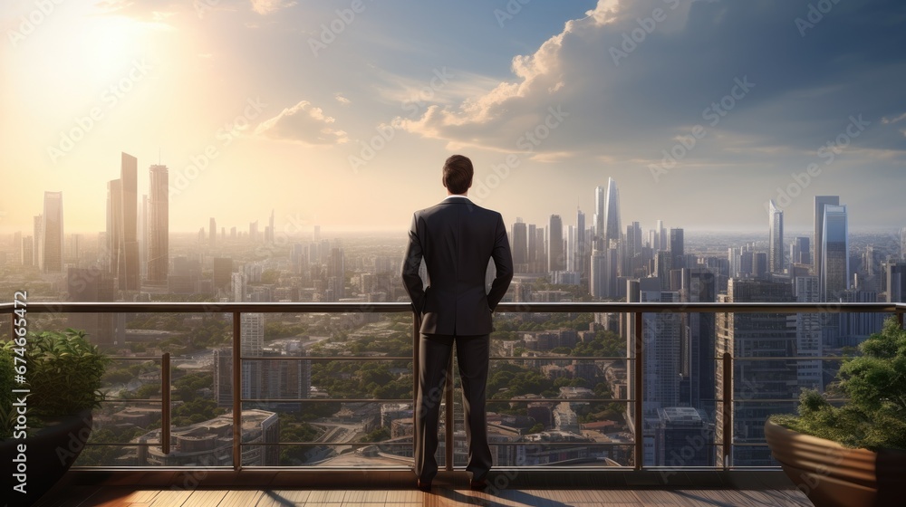 Businessman watching city from top of a building Businessman watching city from top of a building