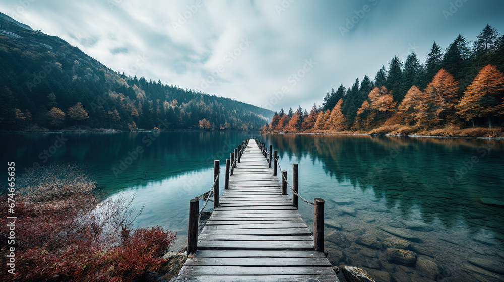 a wooden path to calm lake, landscape nature photo, minimal wallpaper