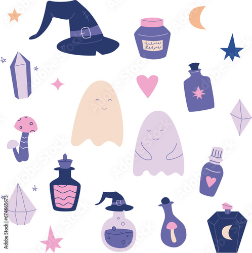 Halloween ghosts and magic potions flat vector stickers set. Cute colorful witch hat, witchcraft crystals, potions bottles, stars cliparts isolated pack
