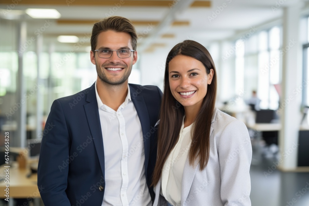 Businesswoman and businessman people standing in the office Businesswoman and businessman people standing in the office