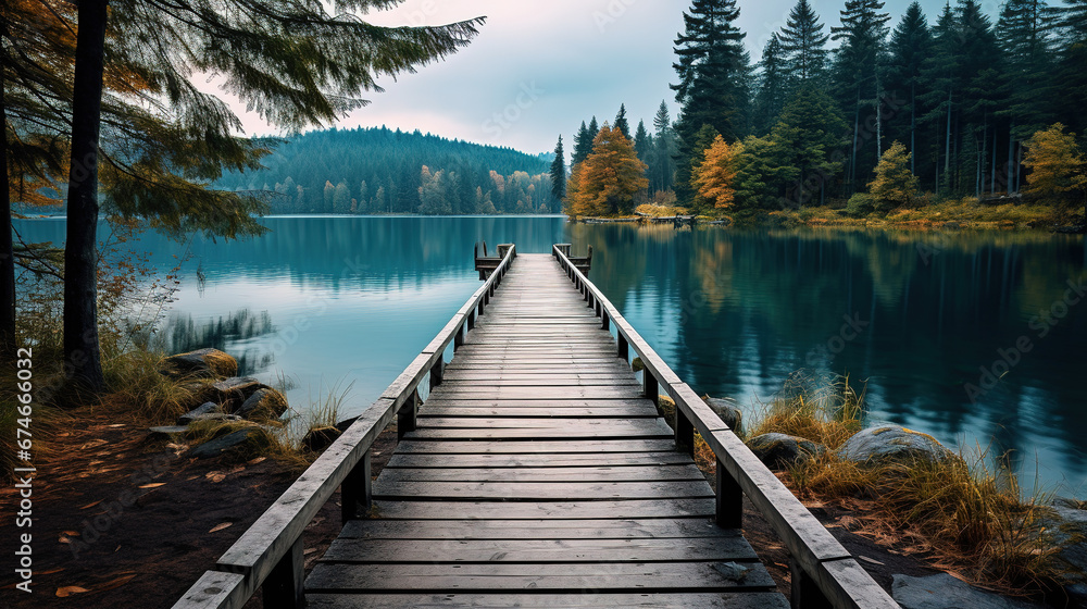 a wooden path to calm lake, landscape nature photo, minimal wallpaper