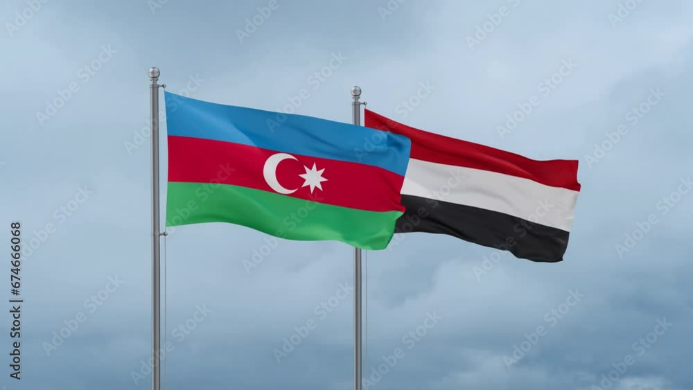 Yemen and Azerbaijan flag waving together on cloudy sky, endless seamless loop, two country cooperation concept Yemen and Azerbaijan flag waving together on cloudy sky, endless seamless loop, two country cooperation concept