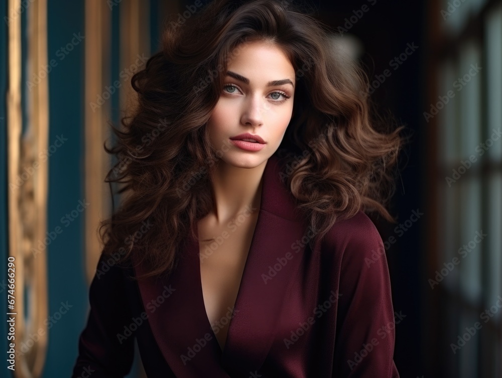Close-up photo of a beautiful charming woman with beautiful wavy hair and wearing fashionable clothes in modern colors. Style, beauty and fashion concept