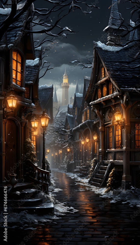 Winter cityscape with snowy street in old european town.