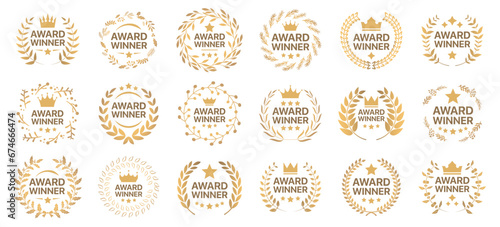 Award winner emblem with floral wreath. Floral wreath collection. Set of golden laurel wreath element for winner, award, champion. Tree branch wreath