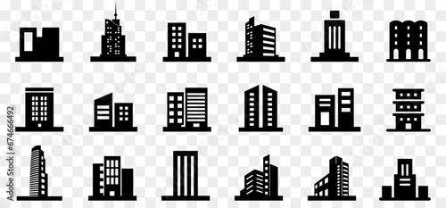 Skyscraper, apartment, office, government building icon collection in black. Architecture buildings symbols. Skyscraper or apartment building icons. Set of architecture signs