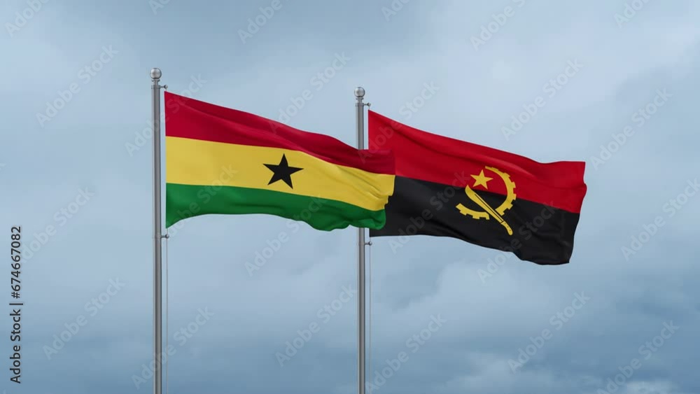 Ghana flag and Angola flag waving together on cloudy sky, endless seamless loop Ghana flag and Angola flag waving together on cloudy sky, endless seamless loop