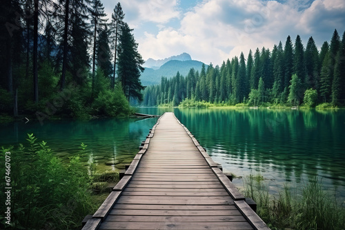 a wooden path to calm lake, landscape nature photo, minimal wallpaper