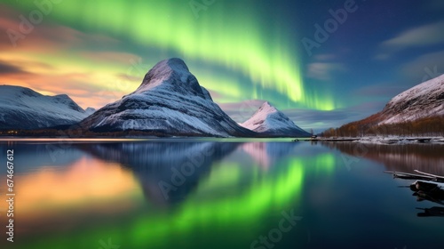 A breathtaking natural panorama showcasing snow-draped mountains and a serene lake at winter, with a vivid green aurora gracing the clear sky.