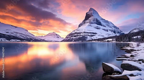 Natural landscape featuring beautiful snow-covered mountains and a serene lake, with a strikingly bright and orange sky.