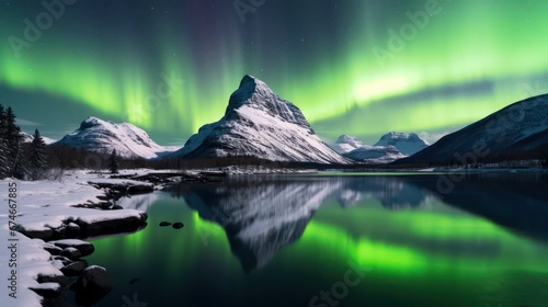 A stunning view of a snow-covered mountain and a beautiful lake, with a bright and mesmerizing green aurora illuminating the sky.