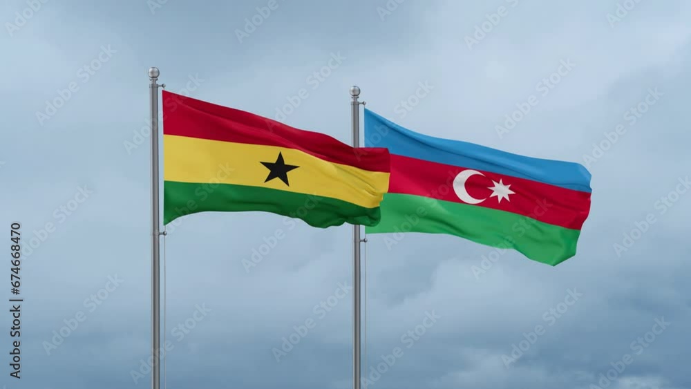 Azerbaijan and Ghana flag waving together on cloudy sky, endless seamless loop, two country cooperation concept Azerbaijan and Ghana flag waving together on cloudy sky, endless seamless loop, two country cooperation concept