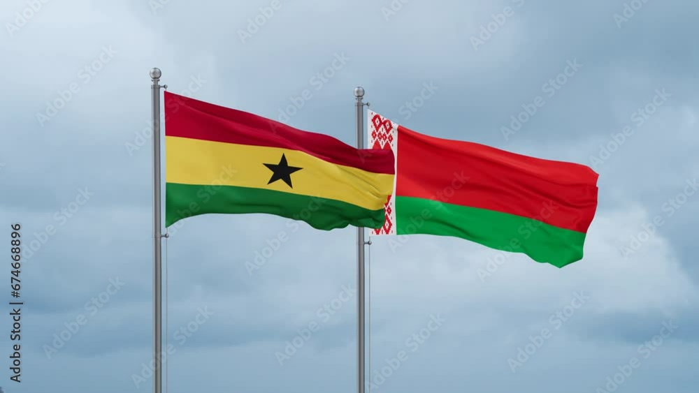Belarus and Ghana flag waving together on cloudy sky, endless seamless loop, two country cooperation concept Belarus and Ghana flag waving together on cloudy sky, endless seamless loop, two country cooperation concept