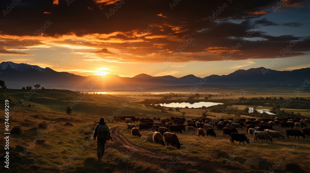 Shepherd with flock in a breathtaking sunset landscape Shepherd with flock in a breathtaking sunset landscape