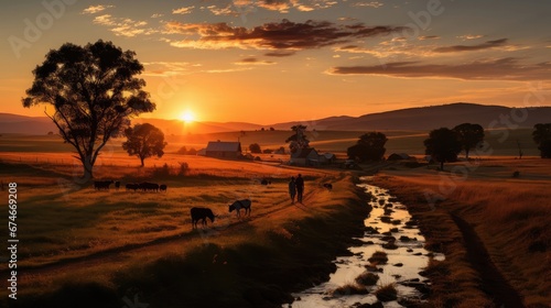 Tranquil sunset overseeing shepherd and grazing flock