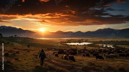 Shepherd with flock in a breathtaking sunset landscape
