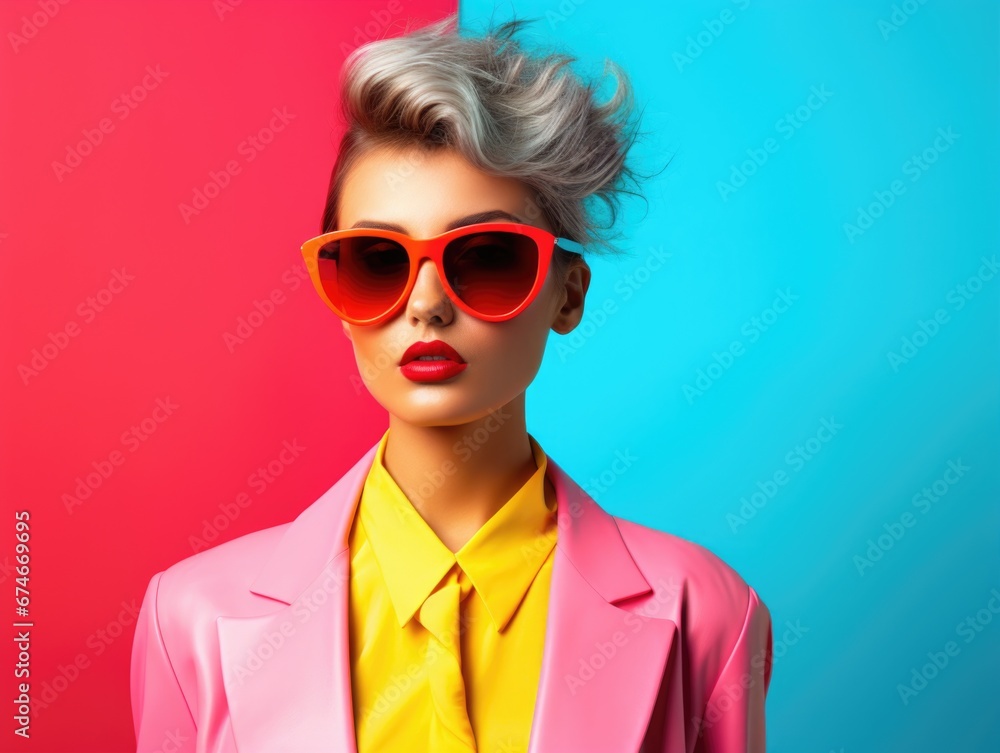 photo of a stylish woman wearing clothes made from bright beautiful fashionable modern colors. Style, beauty and fashion concept photo of a stylish woman wearing clothes made from bright beautiful fashionable modern colors. Style, beauty and fashion concept