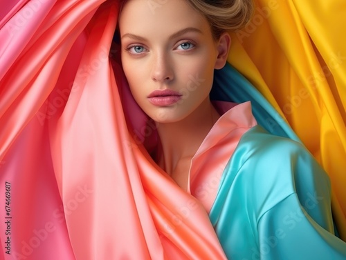 photo of a stylish woman wearing clothes made from bright beautiful fashionable modern colors. Style, beauty and fashion concept © koplesya