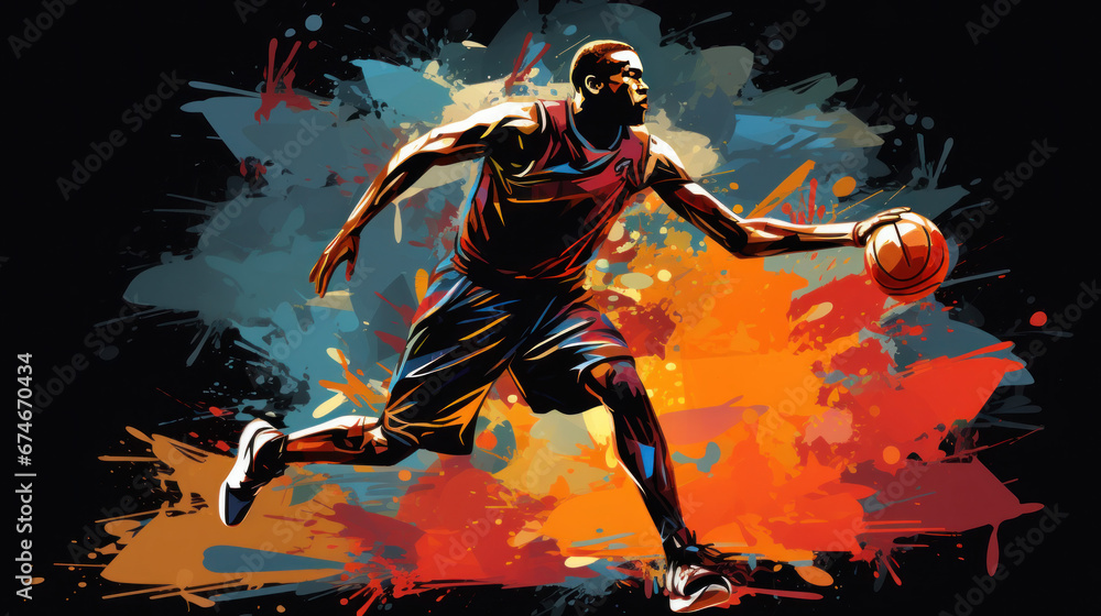black silhouette Digital illustration painting of a basketball player vector