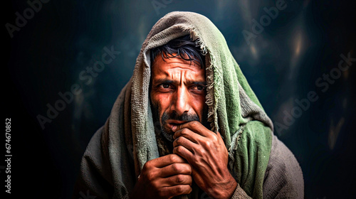A refugee or homeless man with a look of fear